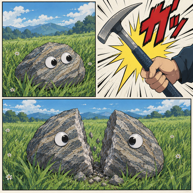 A rock meets a hammer... but with googly eyes!