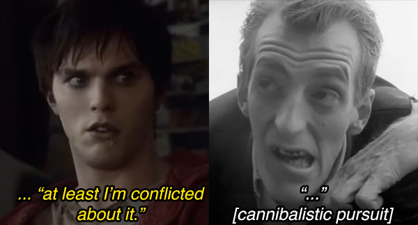 R, a thinking zombie, vs unnamed ghoul