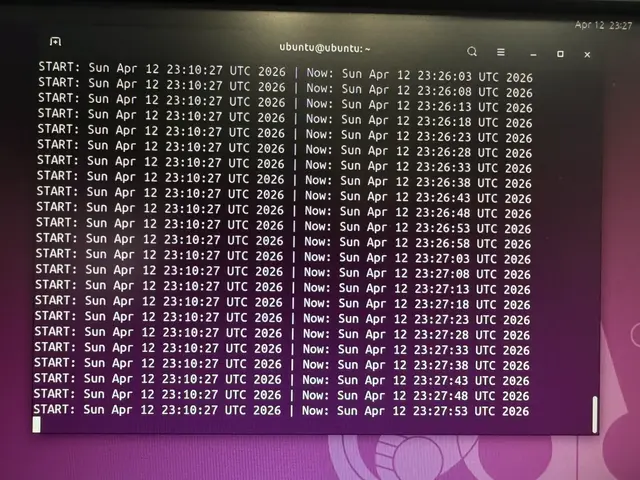 Ubuntu terminal timestamp loop - 1800X test still alive past 28 minutes uptime