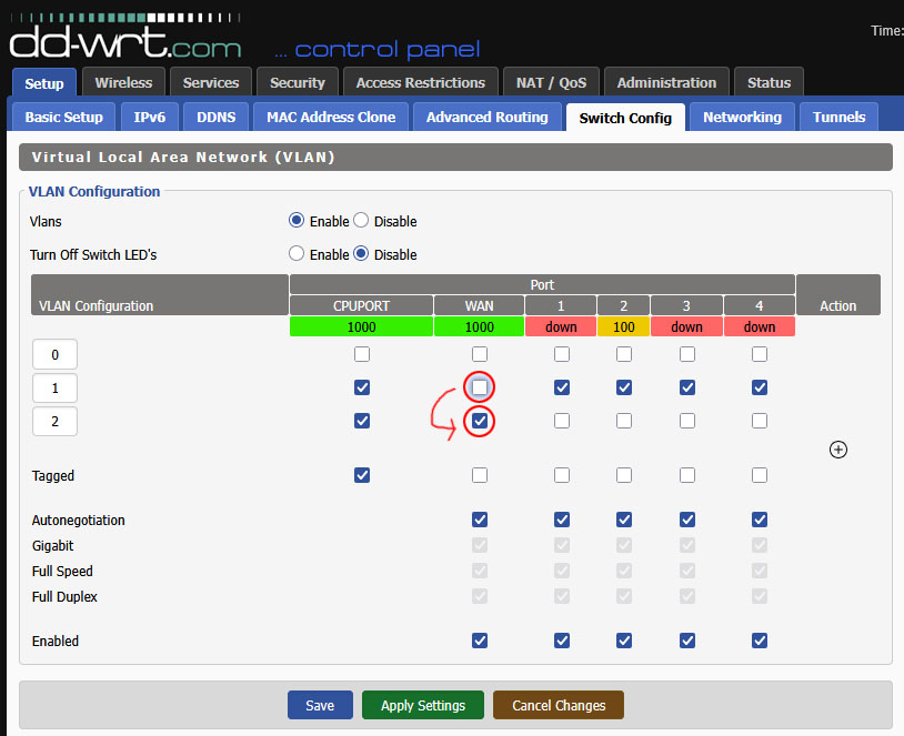 DD-WRT: Setup → Switch Configuration